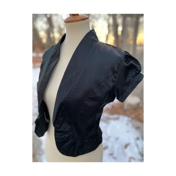 Black Satin Ruffle Bolo Jacket Shrug Y2K - Picture 2 of 11